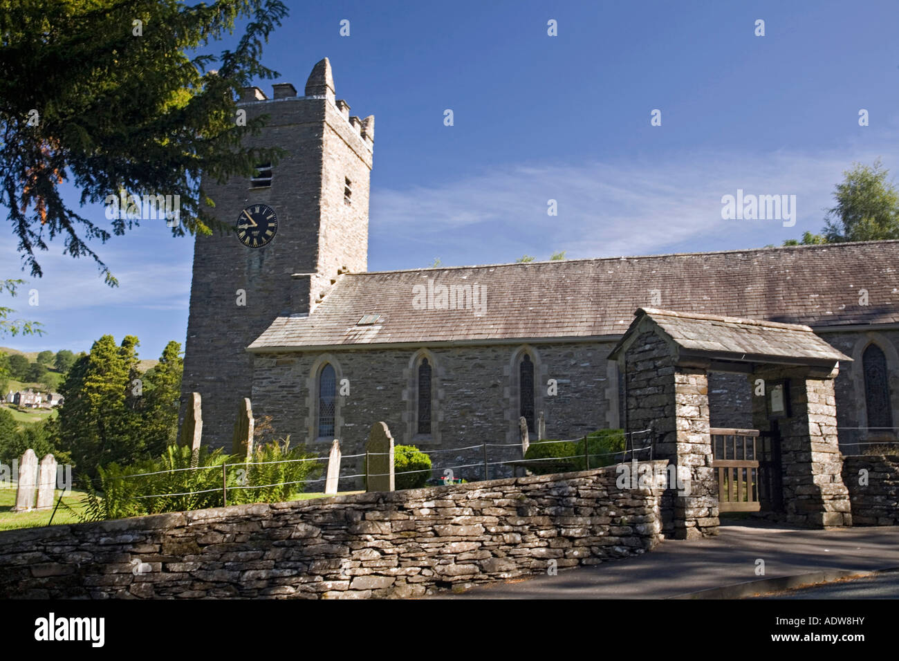 Unusual name of `Jesus Church` with lychgate Troutbeck Village Lake District Cumbria Stock Photo